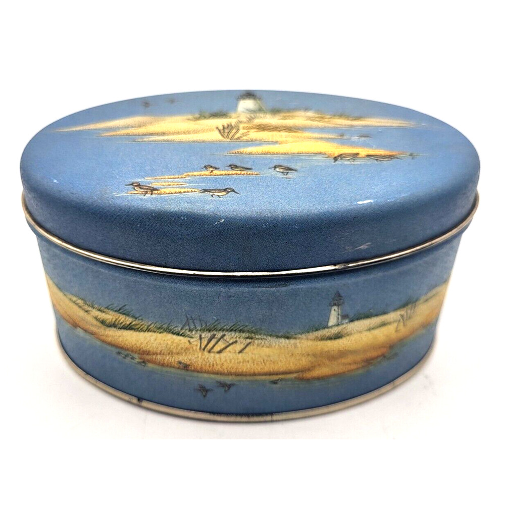 Vintage Island Lighthouse Oval Tin Blue Tan Designed by Dennis Burkhart 5.5x4x3"